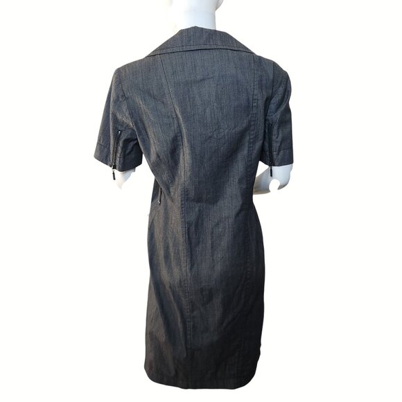 Vintage Black Denim Short Sleeve Zip Up Dress Notched Collar & Zipper Details - Picture 2 of 11